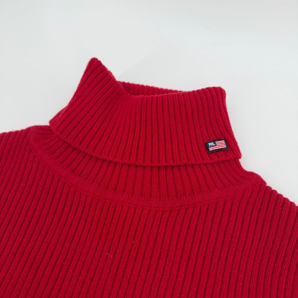 Vintage Polo Jeans Co Ralph Lauren Red Ribbed Turtleneck Sweater Flag Patch L